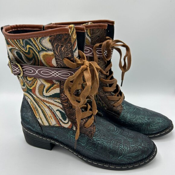 Womens Size 43 Bohemian-Style Mid-Calf Lace-Up Boots With Embossed Floral Design - Picture 2 of 10